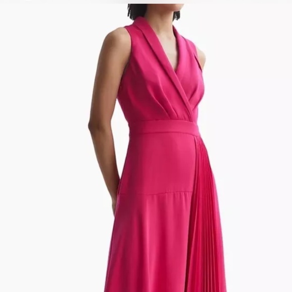 Reiss NWT Claire Pleated Fitted Wrap Style Midi Dress Pink Womens Size 2 - Picture 1 of 4